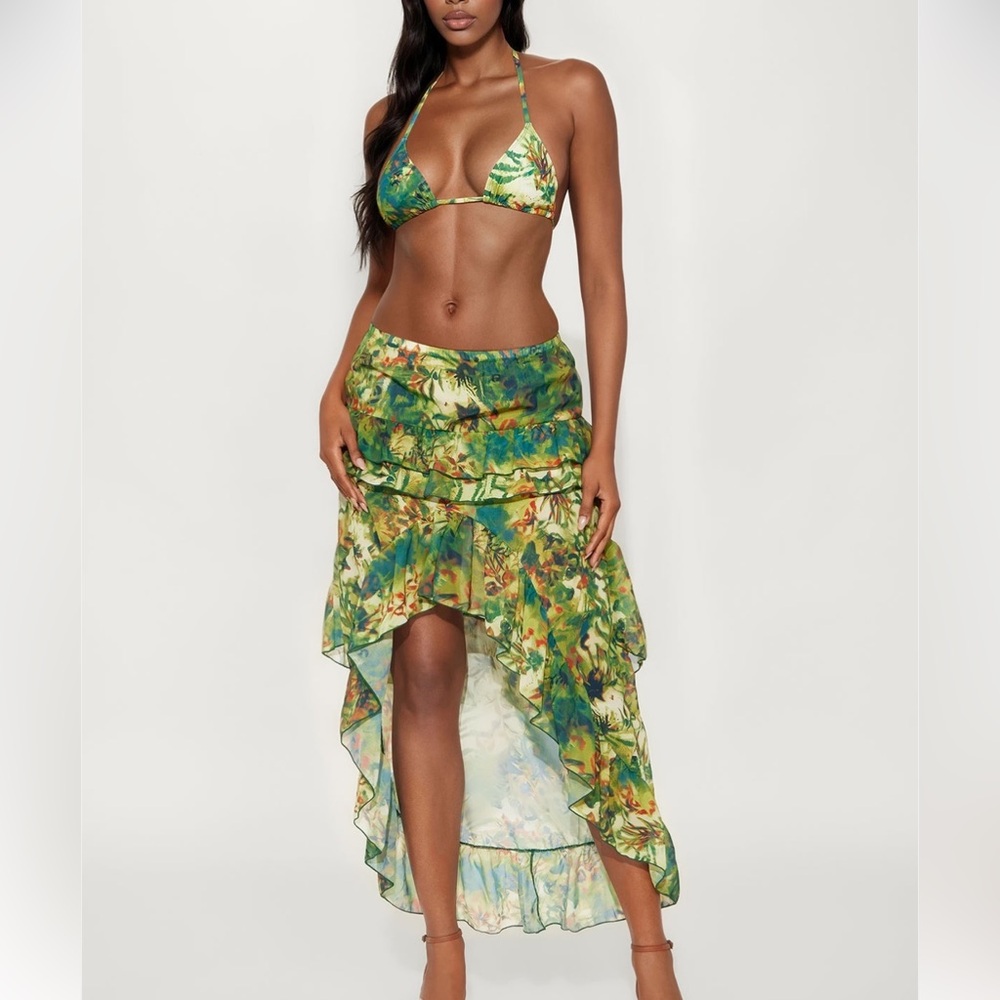 3 Piece Tropical Bikini and Ruffle Skirt Set